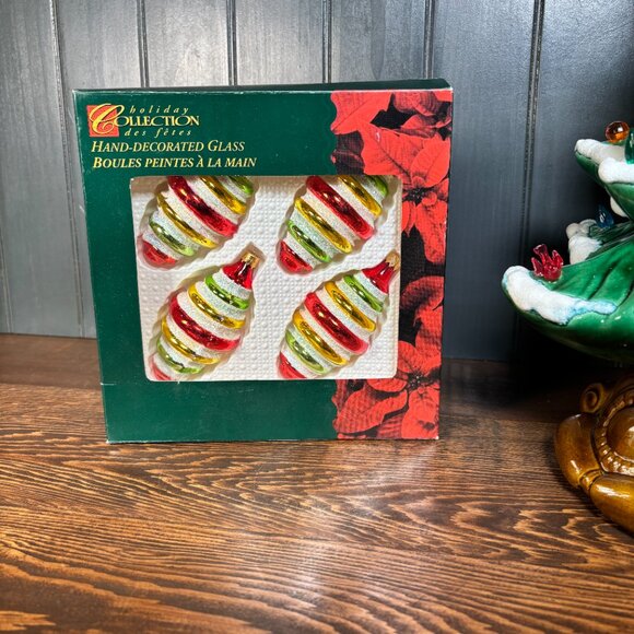 Vintage Glass Christmas Ornaments Red Gold Balls and Striped Pine Cones - Picture 8 of 12